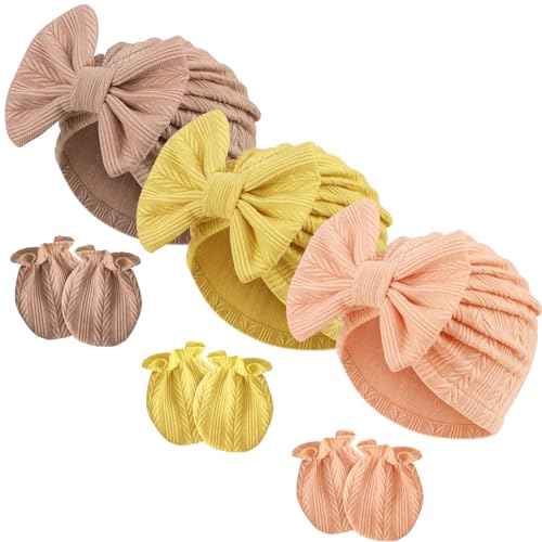 Image of BQUBO Newborn Baby Hospital Hats Beanie Bow Infant Caps Baby Cotton No Scratch Mittens Set for 0-12 Months