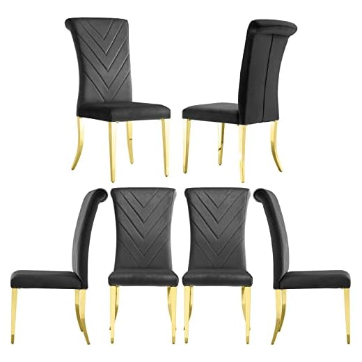 AZhome Dining Chairs Set of 6, Black Velvet Upholstered Dining Room Chair with V-Shaped Texture High Rolled Back, Mirror Gold Stainless Steel Metal Legs