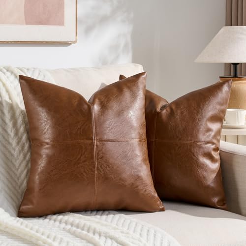 Fancy Homi 2 Packs Brown Faux Leather Decorative Throw Pillow