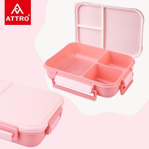 Image of ATTRO Gourmet 3 Compartment Lunch Box Portable Meal Organizer for Office, School BPA-Free, Food Grade, Freezersafe, Microwave & Oven Safe 1700ml Peach, Plastic