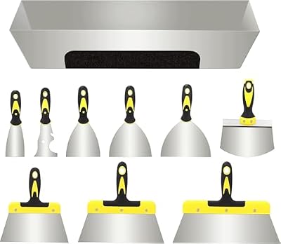 Juego de 10 cuchillos de masilla de acero inoxidable, espátulas de pintor y cuchillo de masilla para placas de yeso, reparación de paredes, juntas, bricolaje, cuchillo de masilla con mango ergonómico