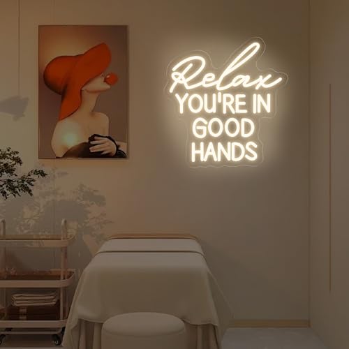 Image of Relax You're In Good Hands Neon Sign Hair Salon Beauty Studio Led Light | USB Powered Dimmable Barber Shop Massage Esthetician Wall Art Decor Gift for Hairdresser 13.8 inchx13 inch