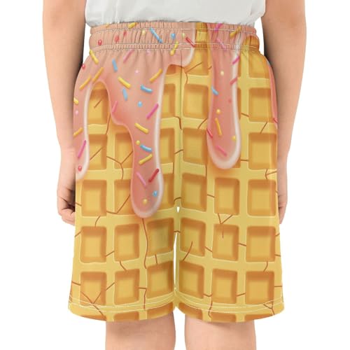 Waffles Ice Cream Cone Athletic Shorts with Zipper Pockets, Youth Boys Athletic Running Shorts for Summer3