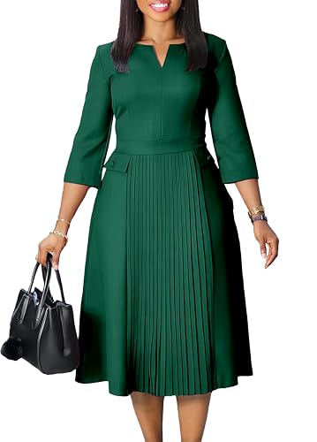 Work Midi Dress for Women 3/4 Sleeve Vintage Ruffle A-line Pleated Dress Elegant Church Dress V Neck Business Casual Outfits Dark Green