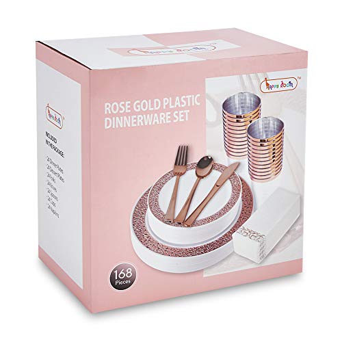 Hapycity 168 Pieces Rose Gold Plates, Disposable Plastic Party Dinnerware Set For 24 Guests With Rose Gold Plates, Plastic Silverware, Napkins & Cups For Christmas, Mothers Day, Birthday, Wedding #TOP6