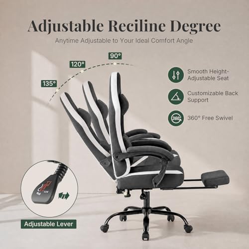 Image of Computer Gaming Chair - High Back Ergonomic Desk Chair with Footrest and Lumbar Support, Height Adjustable Task Chair with Linkage Armrests and Headrest, 360 Swivel Wheels, Black