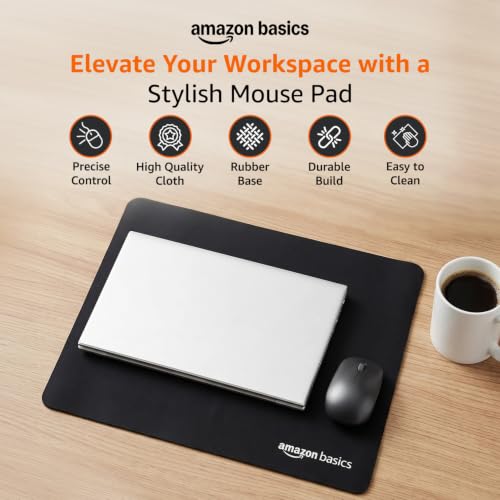Image of Amazon Basics Square Mouse Pad with Smooth Cloth Surface and Non-Slip Rubber Base, Standard Size for Gaming, Office & Home Use, 17.8 x 15.5 Inches (Medium), Black