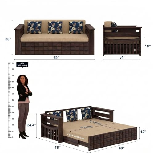 Image of Ganpati Arts Solid Sheesham Wood 3 Seater Diamond Sofa Cum Bed with Side Pocket for Living Room Bedroom Wooden Bedroom Furniture for Home 1 Year Warranty (Walnut Finish)