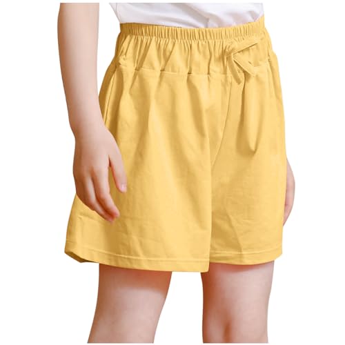 XINYUNZU Short court en coton décontracté pour fille - Short d'été fin - Short de sport - Couleur unie - Pour enfants et adolescents de 3 à 16 ans, jaune, 13-14 ans