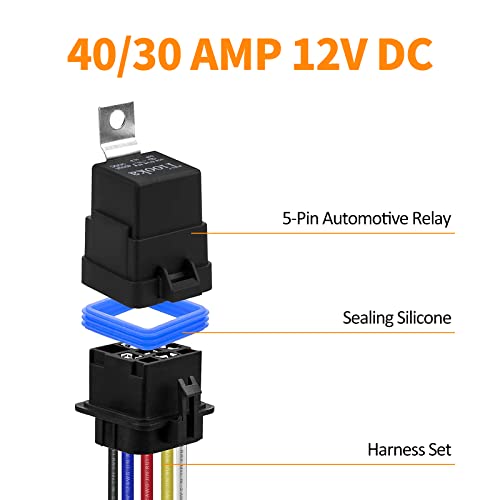 Tiooka Waterproof Relay 40/30 Amp 12V Dc 5-Pin Heavy Duty 12 Awg Tinned Copper Wires Spdt Automotive Relays Kit Marine Relays Universal For Boat, Truck, Van, Motorcycle #TOP2