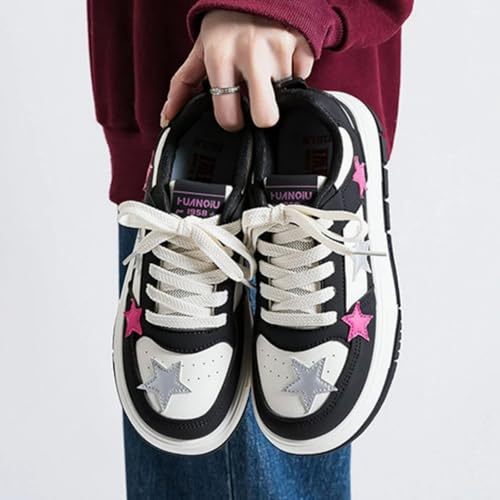 Cute Star Sneakers for Women Star Decor Lace-Up Thick Sole Shoes Height Increase PU Upper EVA Insole Rubber Sole Walking Shoes3