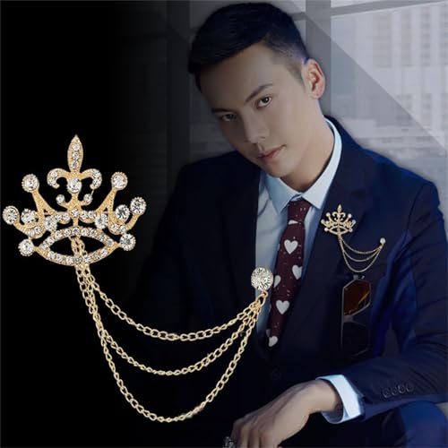 Image of coadipress Crown With Hanging Chain Brooch for Women Men Elegant Gentlemen Gold Silver Crystal Crown Lapel Pin Vintage Rhinestone Wedding Brooch Suit Shirt Pin Accessories