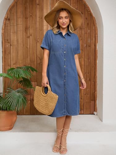 Women's Midi Denim Dress Summer Short Sleeve Button Down Casual Loose Long Tunic Jean Shirt Dress3