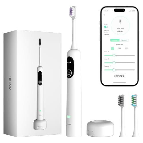HOSOKA Electric Toothbrush for Adults, 60° Oscillating & Vibration Sonic Electric Toothbrush, Wave Toothbrush with Configurable App, 3 Brush Heads, Magnetic Rechargeable Travel Toothbrush, IPX7