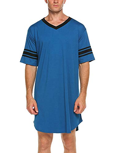 HEZIOWYUN Men's Nightwear, Cotton Nightshirt Comfy Big&Tall V Neck Short Sleeve Soft Loose Sleep Shirt