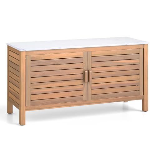 COSTWAY Armario Bajo Exterior de Madera de Acacia, Arcon Exterior de 2 Puertas, Encimera de Imitación de Mármol, Baul Almacenaje Exterior 109 x 40 x 60 cm
