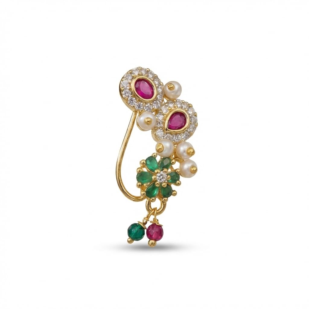 aaiku Maharashtrian Pressing Nath for Brides | Gold Plated Traditional Nose Ring with Pearl Beads & White Pearl | Copper Base Jewellery-picture-34