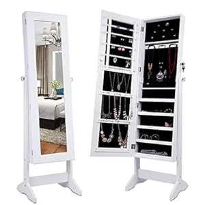 Uten Lockable Jewelry Armoire Large Jewelry Cabinet with Standing Mirror Jewelry Holder Organizer Storage, 4 Angle Adjustable (White)