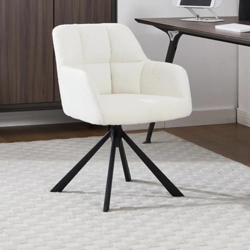 Image of Finch Fox Battle Modern 360 Swivel Mid-Back Arm Boucle Fabric Study Upholstered Comfortable Metal Base Computer Office Desk Chair in White Color