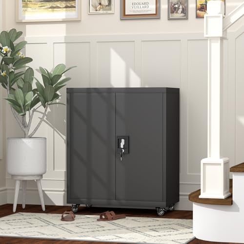 GREATMEET Metal Storage Cupboard with Wheels, Tool Garage Storage Cabinet with Lock, Rolling Utility Metal Filing Cabinet with Adjustable Shelf (Black) 8 GREATMEET Metal Storage Cupboard with Wheels, Tool Garage Storage Cabinet with Lock, Rolling Utility Metal Filing Cabinet with Adjustable Shelf (Black) - Image 8