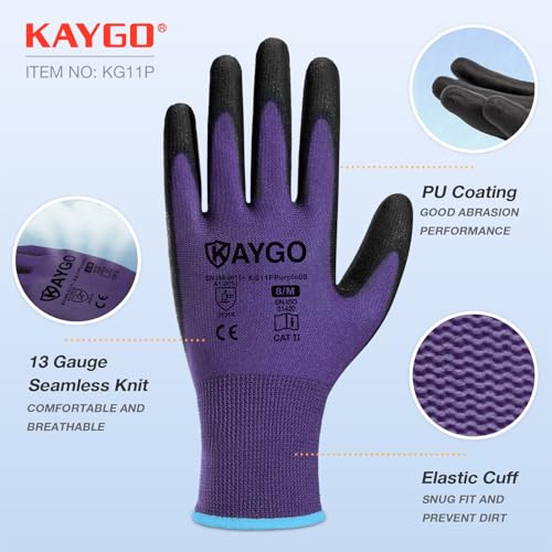 Image of KAYGO Safety Work Gloves for Men Women, PU Coated Palm & Fingers, KG11P | Smooth Grip, Breathable & Lightweight, 13-Gauge Seamless Knit, for Light Warehouse, Manufacturing, Gardening
