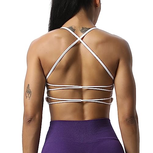 Aoxjox Women's Workout Sports Bras Fitness Julie Crossback Thin Straps Padded Low Impact Bra Yoga Crop Tank Top (White, Medium) #TOP7