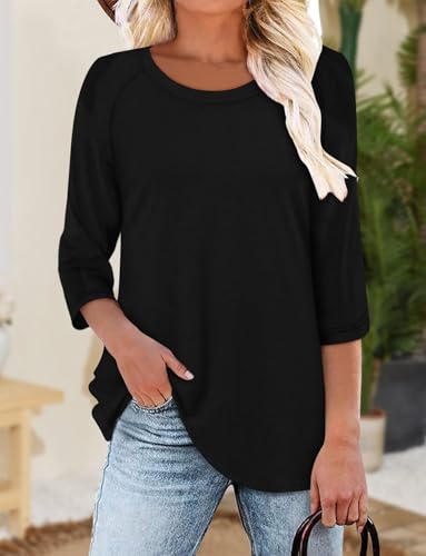 KISSMODA Tunic Tops for Women Loose Fit Dressy Round Neck Pleated 3/4 Length Sleeve Spring Tops