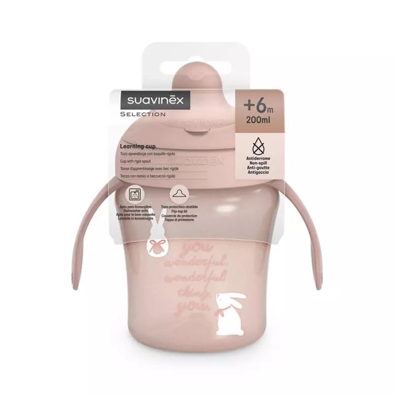 Suavinex, Bicchiere Evolutivo per Neonati con Beccuccio Rigido, Ideale per la Dentizione, Biberon con Manici, Coperchio Protettivo, Bicchiere Antigoccia, 200 ml, +6 Mesi, Rosa
