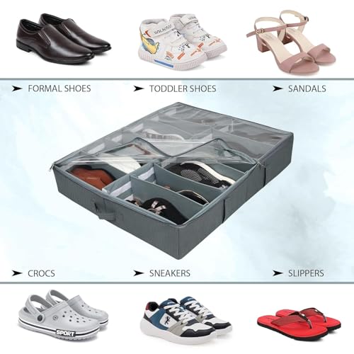 Image of DOUBLE R BAGS Under Bed Shoe Organizer with Zipper-Dustproof & Space-Saving Storage for Sneakers, Heels & Boots, Adjustable Compartments, 24.5 x 29 x 5.5 Inch. (Polyster Grey, Pack of 1)