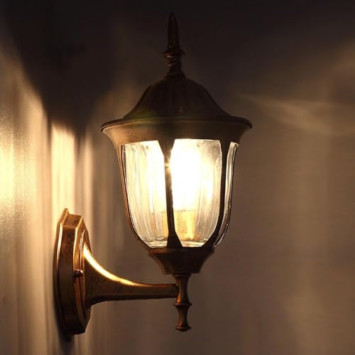 Image of SINOMAN Golden Antique Aluminium Die Cast Outdoor Wall Light Waterproof Fixture Lamp with Clear Glass Panels Brass Finish Perfect for Farmhouse, Muesum, Garden, Entryway,(Without Bulb)