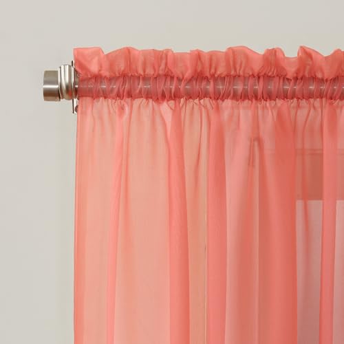 Image of No. 918 Emily Sheer Voile Rod Pocket Curtain Panel, 59 inch x 63 inch, Coral