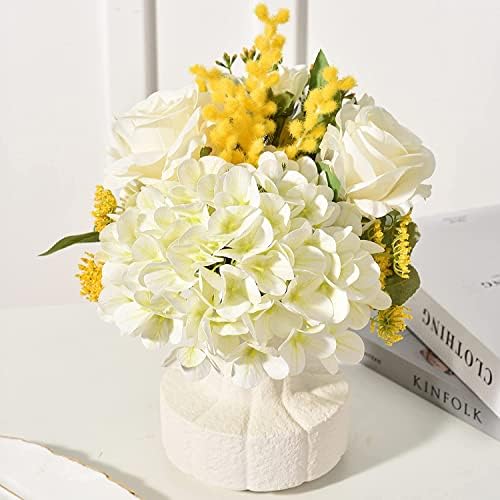 NAWEIDA Artificial Flower with Vase Silk Roses Artificial Flowers in Vase Faux Hydrangea Flower Arrangements with Vase forHome Decor Table Centerpieces Kitchen Dining Room Wedding
