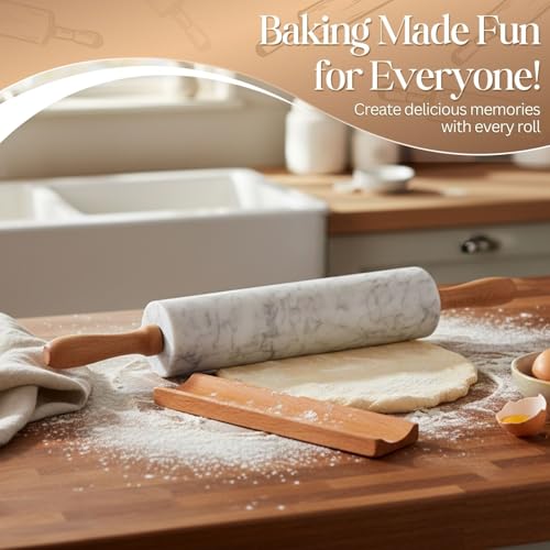 Image of Flexzion Marble Rolling Pin Heavy Nonstick Stone Dough Roller - 10 Inch Polished Barrel with Wooden Handles & Cradle Stand for Baking Pastry Bread Pizza Cookies Pie Crust Pasta Tortillas (White)