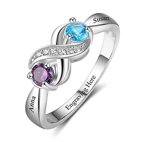 925 Sterling Silver Personalized Mothers Rings with 2 Simulated Birthstones Promise Ring for Womens Meaningful Engagement Rings Promise Name Rings for Her