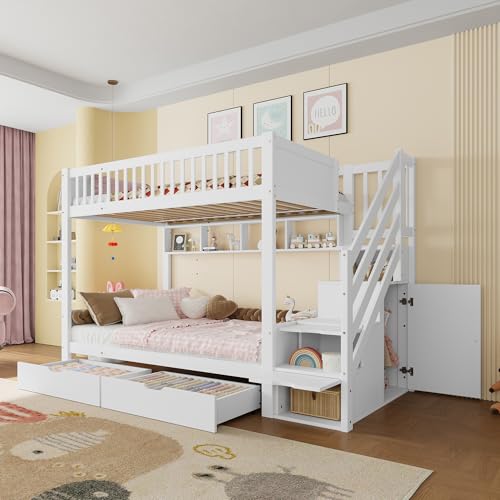 Litera 90x200 con Escalera-Armario, Barra para Colgar y estantes, cajones Dobles y Compartimentos, diseño literas Tipo Camas Altas, para Dormitorio compartido