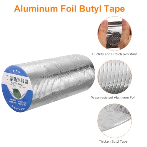 Image of HARFINGTON Waterproof Butyl Tape 16-ft x 12 inch W Aluminum Foil Sealant Tape, 0.02 inch Thick Upgraded Outdoor Use Self-Adhesive Sealing Tape for Roof Window RV Boat Pipe Repair