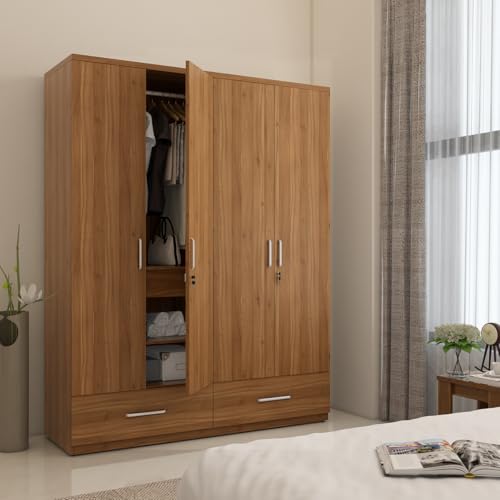 Image of Spacewood Linden Wardrobe | 3 Year Warranty | Almirah, Cupboard, Almari, 4 Door Wardrobe, 4 Drawer (2 Lock Drawer) and 2 Hanging Space & 2 Internal Locker |Engineered Wood| Natural Teak