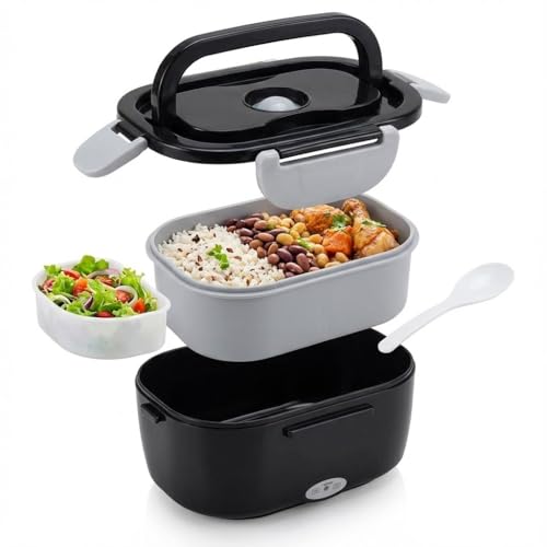 Marmita Elétrica Portátil Bivolt PREMIUM 110V/220V e 12V Carro - Aquecedor de Alimentos 1.5L com Divisória, Pote Extra e Colher - Preto