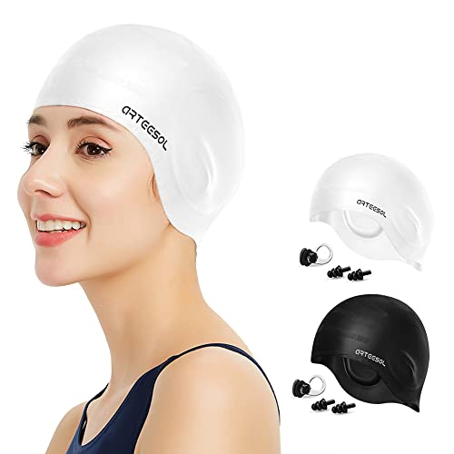 Silicone 3D Ear Protection Swim Cap - Latex-Free Non-Slip Waterproof for Long Hair/Thin Braids, Chlorine Resistant Tear-Resistant for Competitive Swimming, Comes with Ear Plugs & Nose Clip
