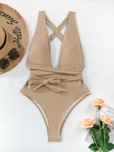 Image of Lilosy Sexy Tie Criss Cross Plunge One Piece Thong Swimsuit High Cut Brazilian Bathing Suit