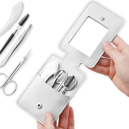LEVY WAVE 初心者携帯用4点手入 れツール セット 眉毛 はさみ グルーミング 多機能 ひげ 鼻毛 カット 身だしなみ セット 顔 剃り テンプレート レザーバッグ付き, プレミアムステンレス製 甘皮ハサミ 化粧鏡付