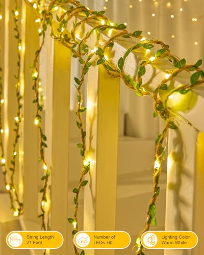 Image of Minetom Vine Fairy Lights Battery Operated: 21ft 60 LED Leaf-Embellished Hemp Rope Fairy Lights with Remote - Twinkle String Lights for Girls Bedroom Dorm Room Wall Decorations