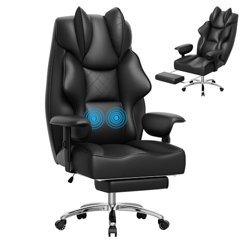 Homall Big and Tall Massage Office Chair,Reclining High Back Ergonomic Home Office Desk Chair with Adjustable Padded Armrest and Foot Rest (Leather, Black)
