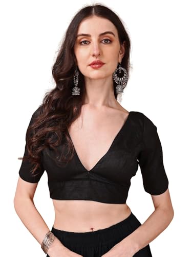 Image of Womanista Women's Dupion Silk Half Sleeve Solid V Neck Readymade Saree Blouse Stylish