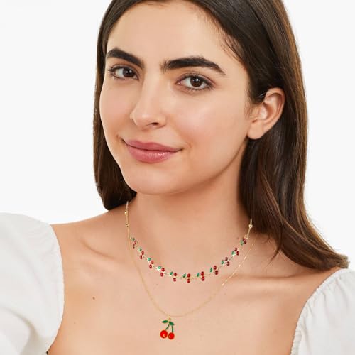 Jojomina Cherry Necklace for Women 2PCs 14K Gold Plated Layered Dainty Pendant Cute Summer Fruit Jewelry Accessories3