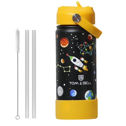 Image of TOM & BELL Insulated Water Bottle for Kids 500ml,Double Wall Water Bottle for School, Sipper Bottle,Hot and Cold, Premium 304 Stainless Steel (Pitch Black, 500ml)