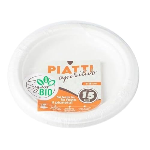 SignorBIO, 15 piatti tondi fondi compostabili e biodegradabili, 15 pezzi