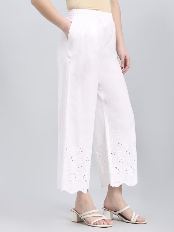 Image of GO COLORS Soft Cotton Embroidered Wide Pant Full Length for Women | Mid Rise, Breathable