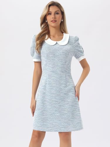 Image of Allegra K Peter Pan Collar Dresses for Women's Plaid Puff Short Sleeve Mini Tweed Dress