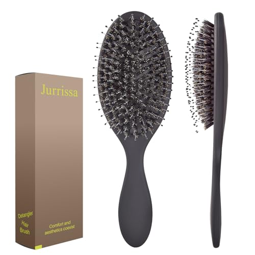 Jurrissa Cepillo de pelo de cerdas de jabalí para mujeres y hombres, cepillo desenredante para alisar, masajear, añadir brillo, nailon y cerdas de jabalí, cepillo desenredante para un cabello